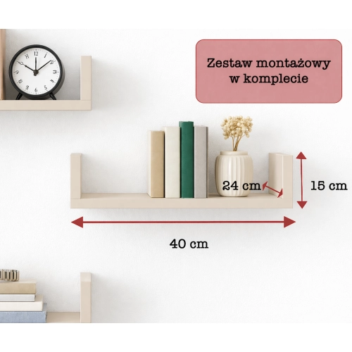 Półka Ścienna Wisząca 40 cm P1-40 Kaszmir Zestaw 3 szt do Salonu, Sypialni